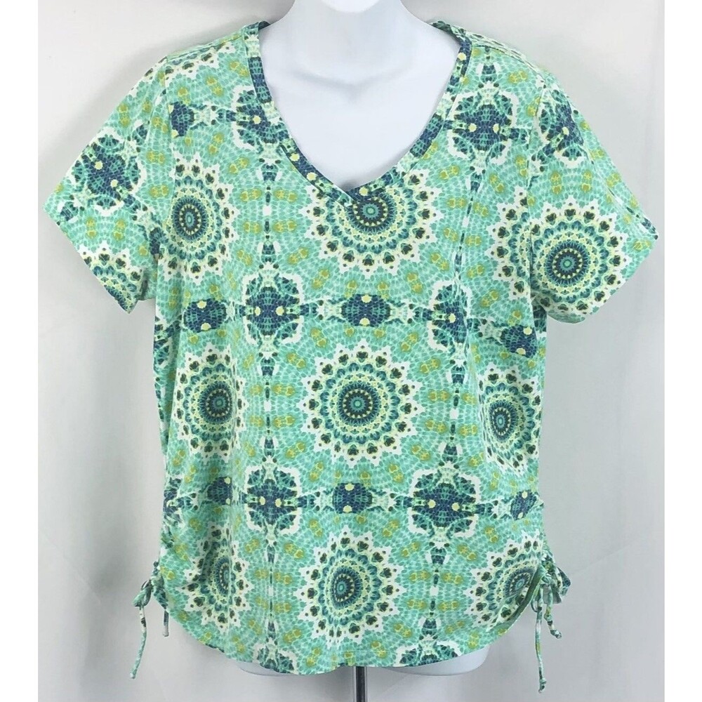 Caribbean Joe Top 1X Green Tie Dye Geo V-Neck Ruched Tie Sides Hippie Beach Boho